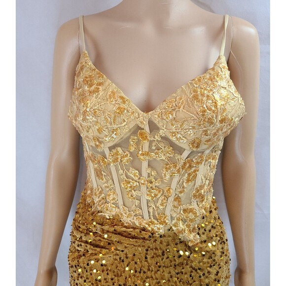 New Prom Special Occasion (0) Gold Velvet Embroidered & Sequin Corset Maxi Dress - Picture 3 of 10